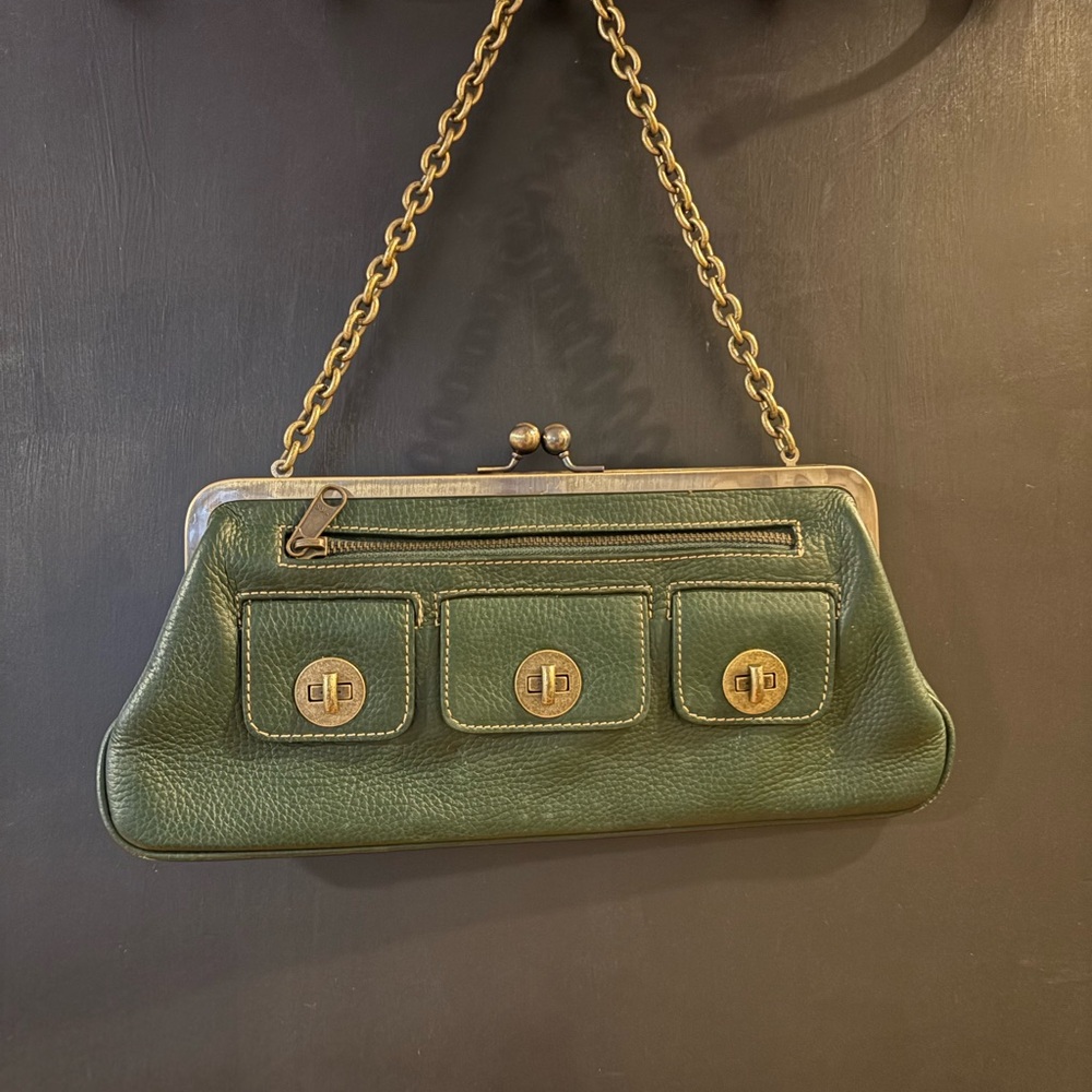 Cynthia Rowley Vintage Green Leather Clutch A-frame W/ Kiss Lock Clasp Gold